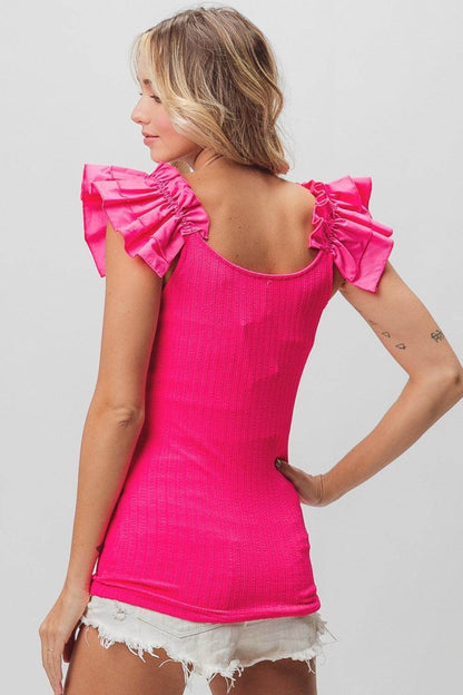 BiBi Ruffled Shoulder Strap Rib Texture Top for Women - Selvanelle