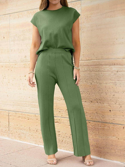 Round Neck Cap Sleeve Top and Pants Knit Set for Women - Selvanelle