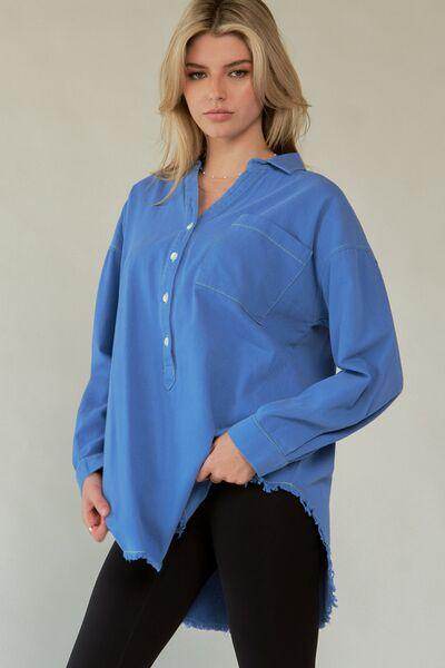 Davi & Dani Letter Back Raw Hem Half Button Shirt Chic - Selvanelle