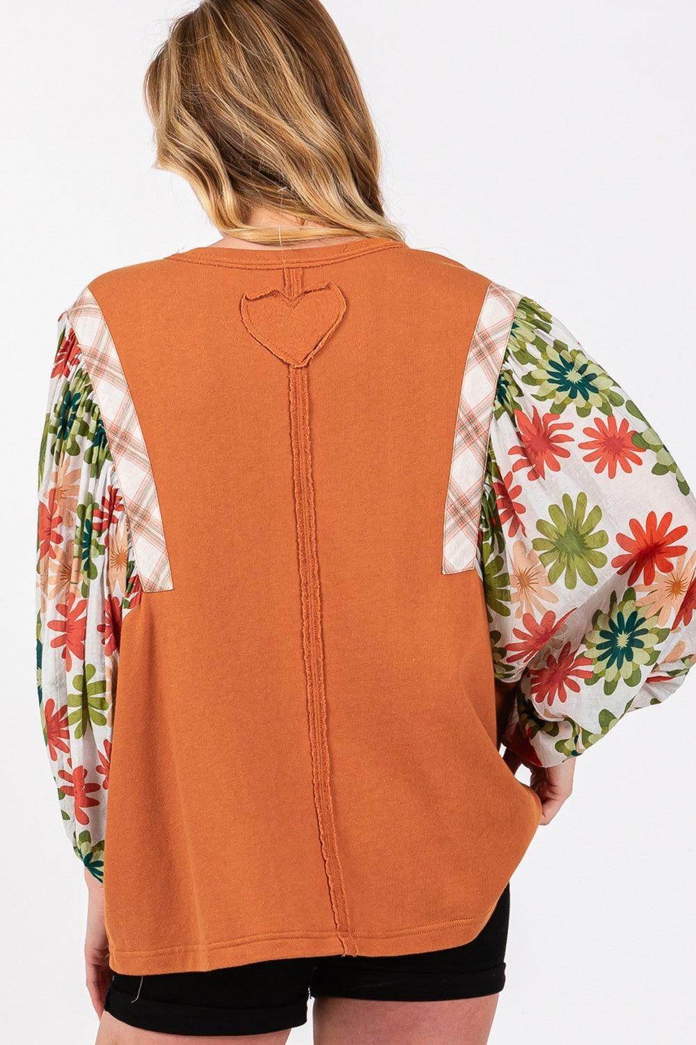 SAGE + FIG Full Size Printed Balloon Sleeve Contrast Top - Selvanelle