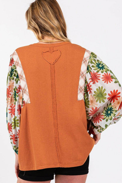 SAGE + FIG Full Size Printed Balloon Sleeve Contrast Top - Selvanelle