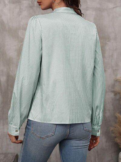 Striped Tie Neck Long Sleeve Shirt for Women Casual Wear - Selvanelle