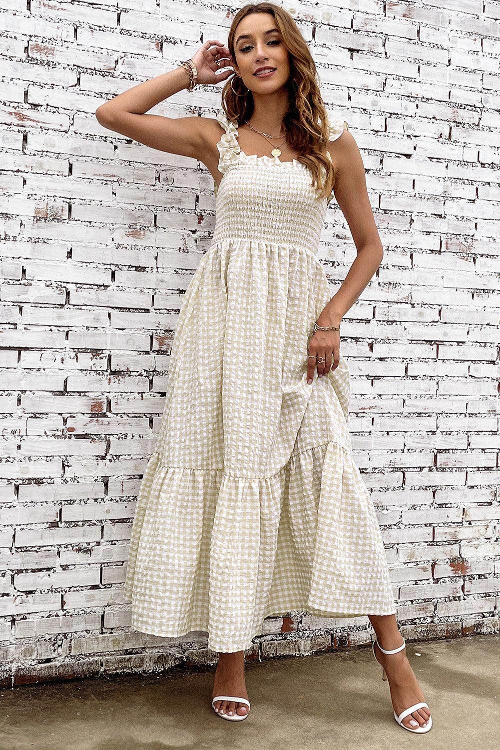 Plaid Ruffle Strap Square Neck Dress for Casual Style - Selvanelle