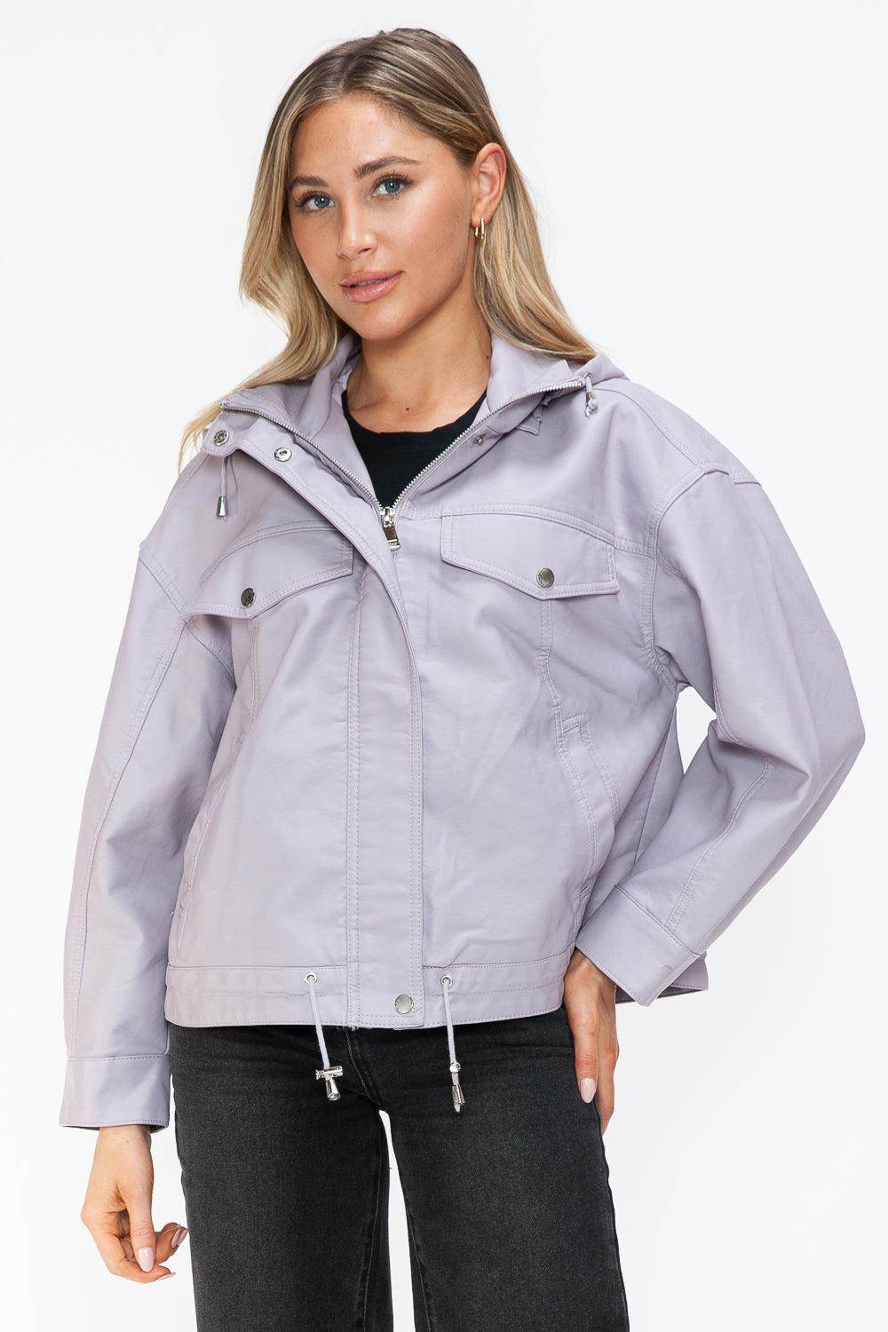 How Dare U Drawstring Hem PU Leather Zip Up Jacket Women - Selvanelle