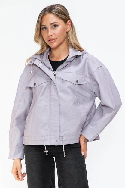 How Dare U Drawstring Hem PU Leather Zip Up Jacket Women - Selvanelle