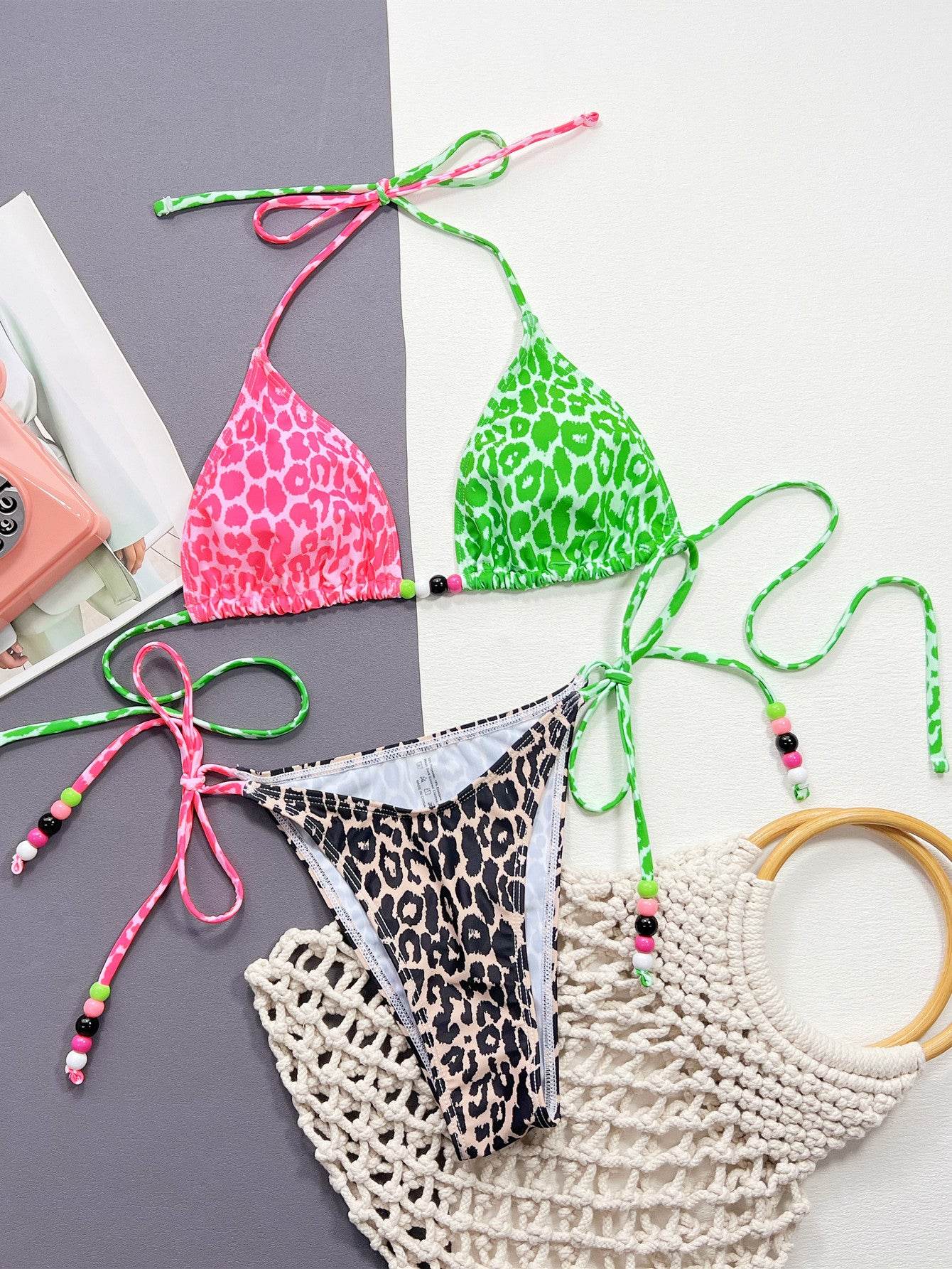 Leopard Tied Halter Neck Bikini Set - Selvanelle