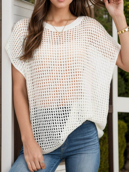 Openwork Round Neck Short Sleeve Cover-Up - Selvanelle