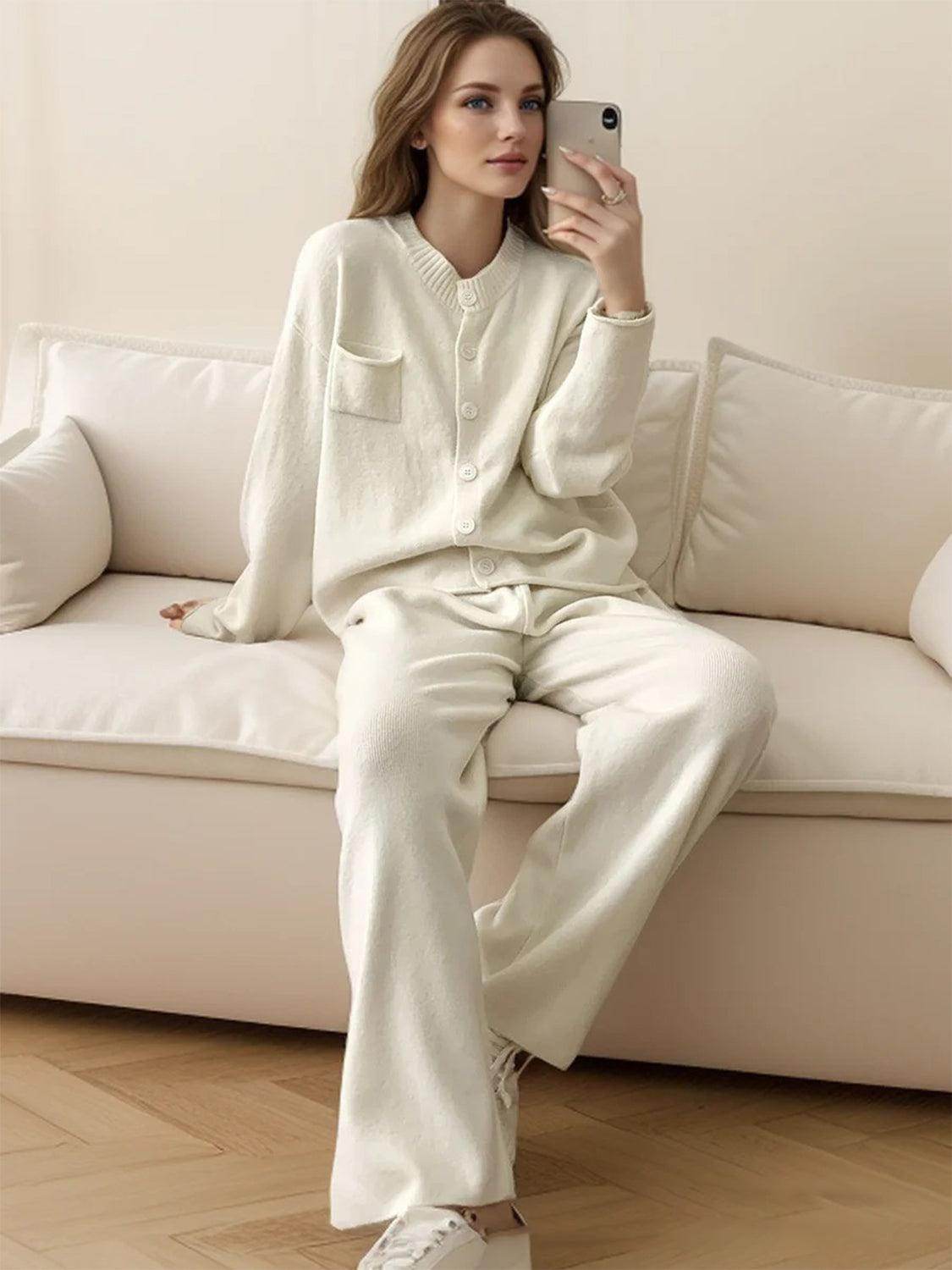 Pocketed Round Neck Button Up Cardigan and Pants Sweater Set - Selvanelle