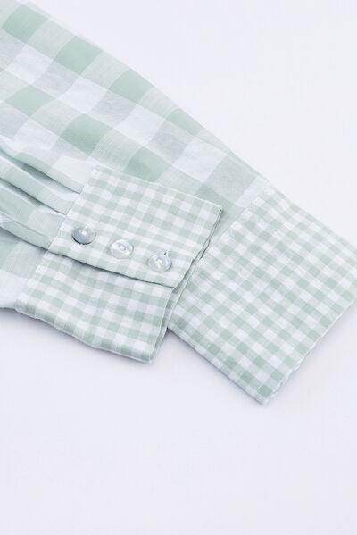 Pocketed Plaid Collared Neck Long Sleeve Shirt for Women - Selvanelle