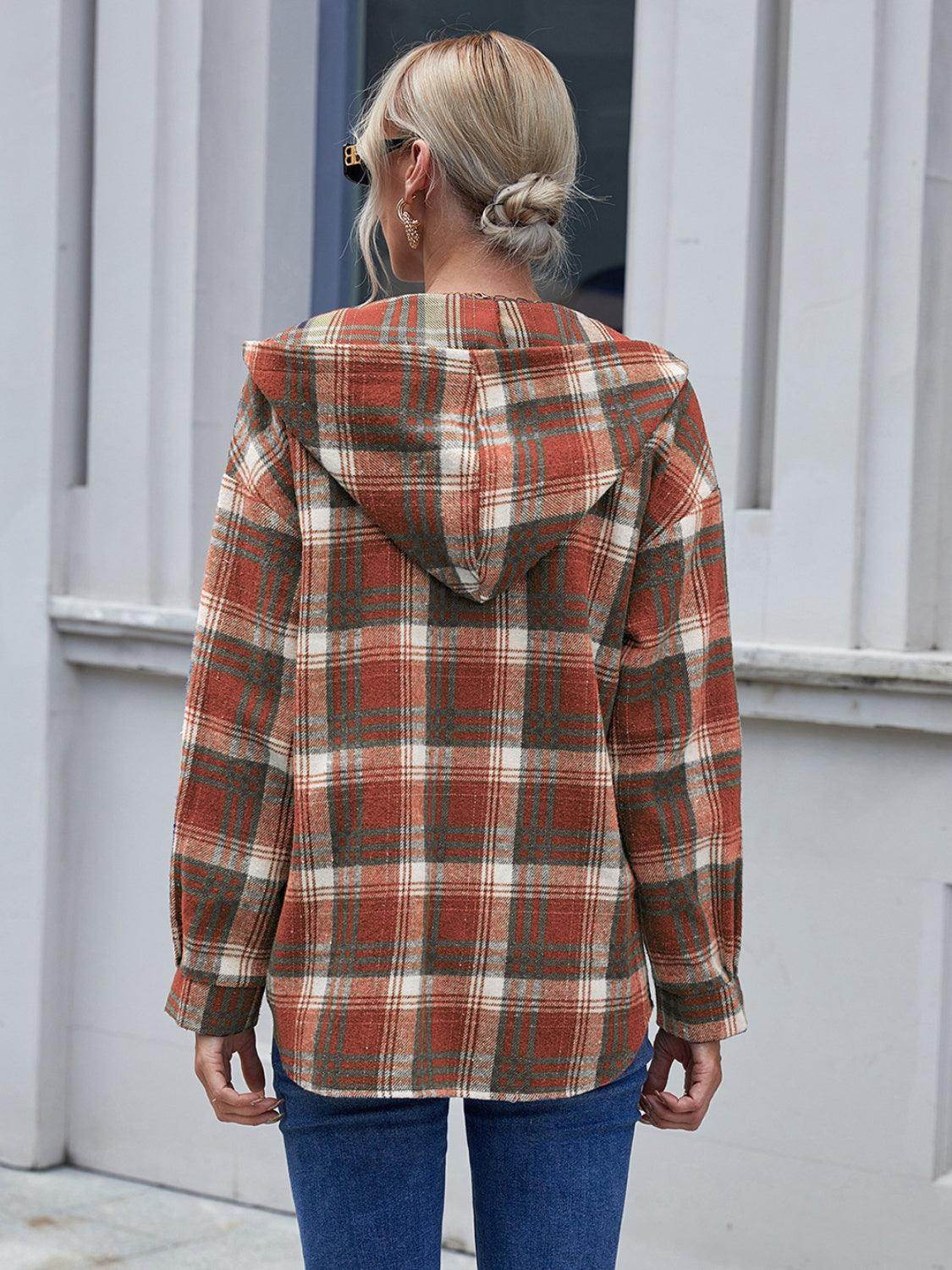 Ivy Lane Plaid Button Up Long Sleeve Hooded Jacket for Women - Selvanelle