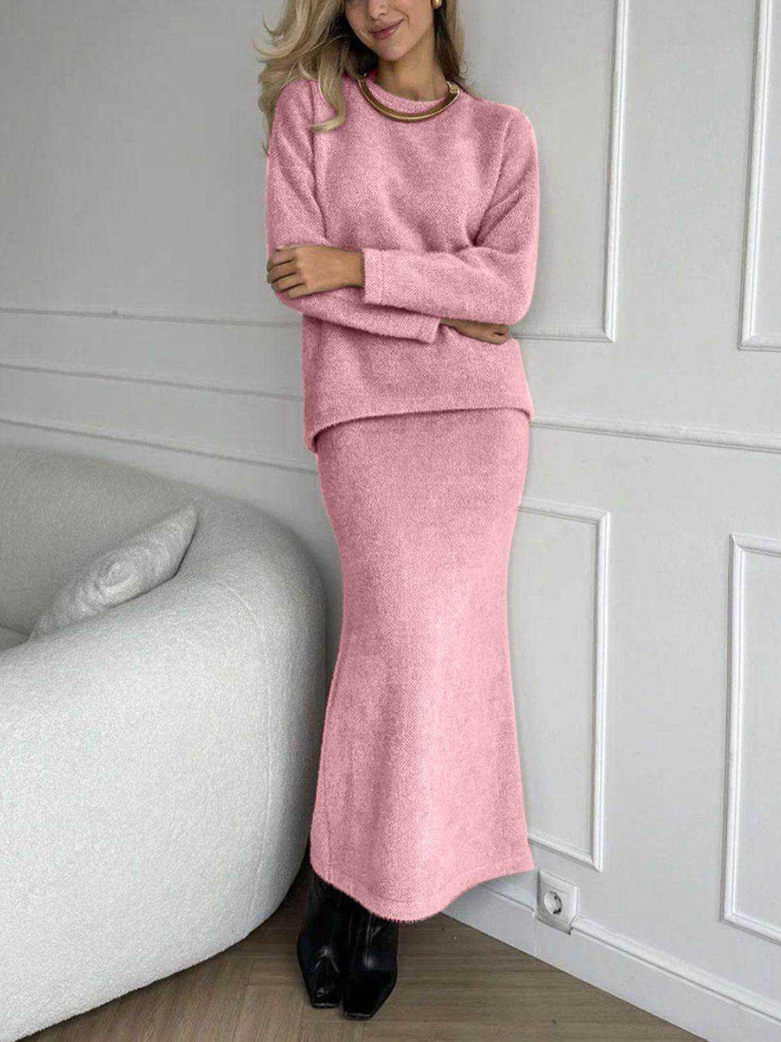 Round Neck Dropped Shoulder Top and Midi Skirt Sweater Set - Selvanelle