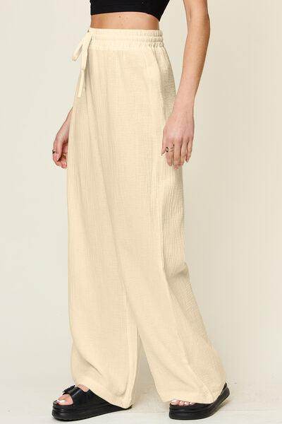 Double Take Full Size Texture Drawstring Wide Leg Pants - Selvanelle