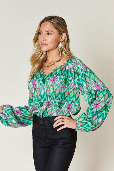 Double Take Full Size Printed Balloon Sleeve Blouse Women - Selvanelle