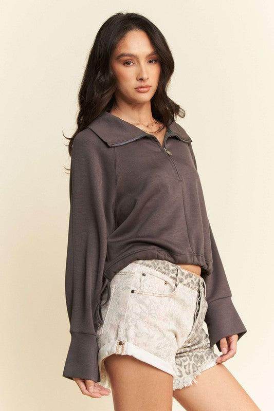 Davi & Dani Drawstring Hem Half Zip Raglan Sleeve Sweatshirt - Selvanelle