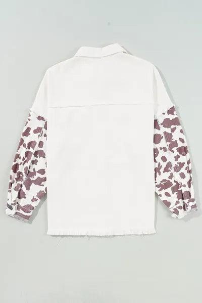 Raw Hem Animal Print Long Sleeve Denim Jacket for Women features a trendy raw hem and bold animal print design.