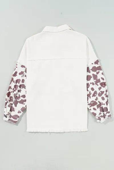 Raw Hem Animal Print Long Sleeve Denim Jacket for Women - Selvanelle