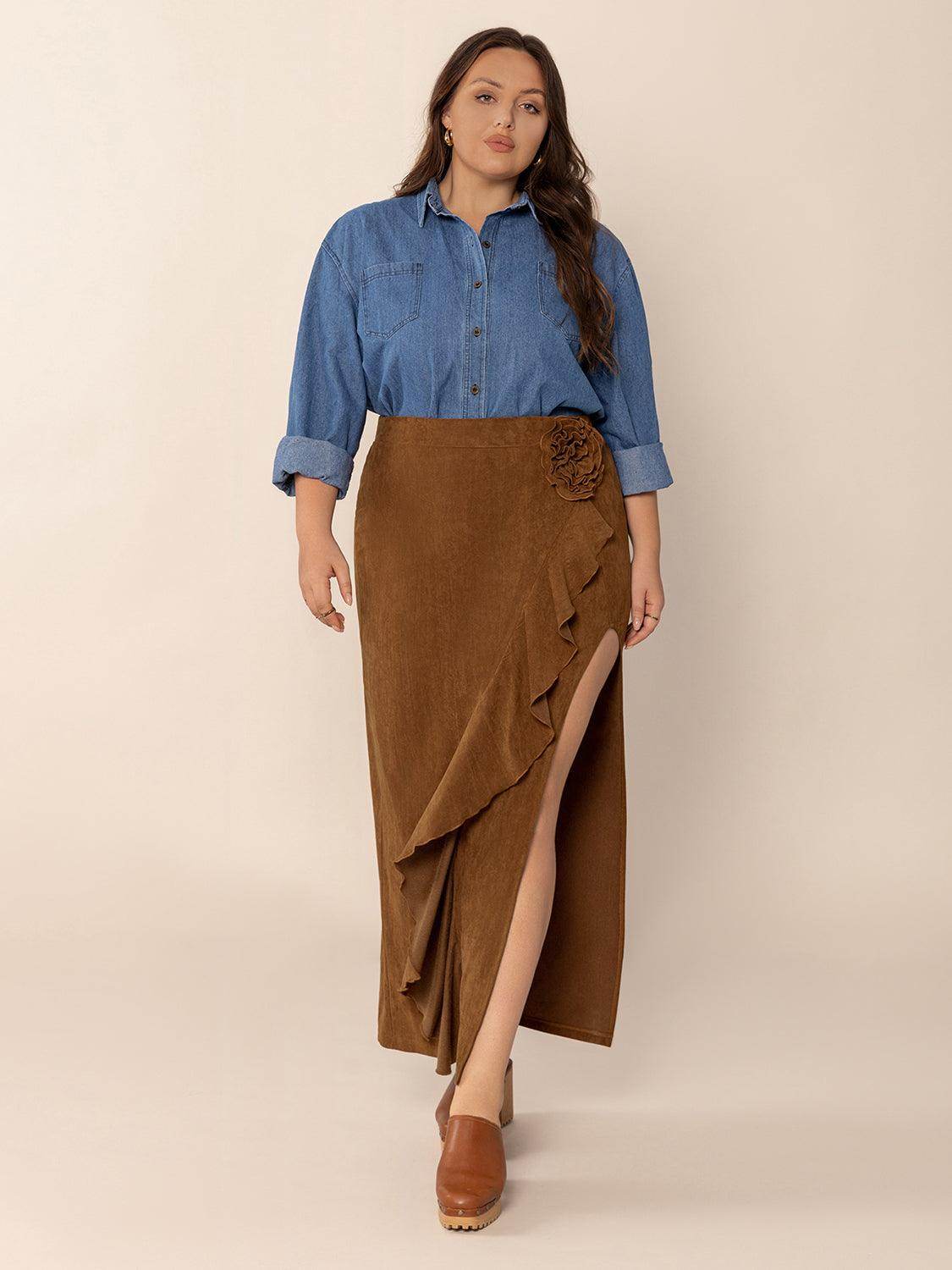 Plus Size Ruffled Slit High Rise Skirt for Stylish Comfort - Selvanelle