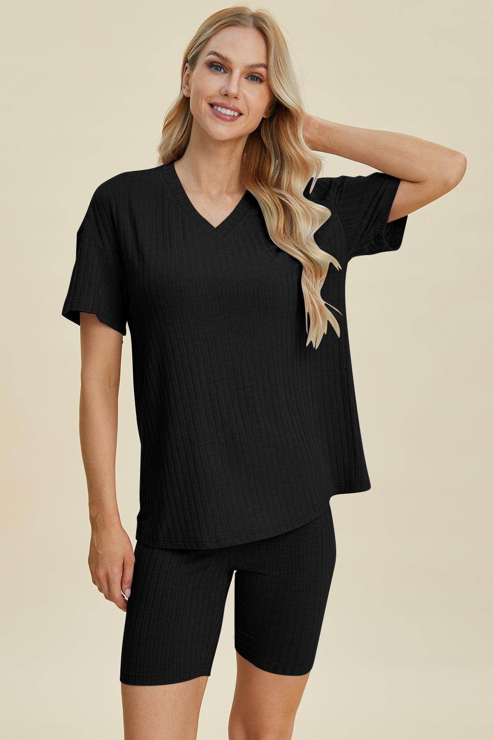 Basic Bae Full Size Ribbed V-Neck Top and Shorts Set For Women - Selvanelle