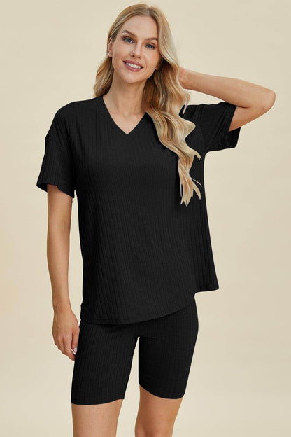 Basic Bae Full Size Ribbed V-Neck Top and Shorts Set For Women - Selvanelle