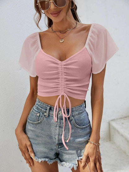 Drawstring Short Sleeve Crop Top for Stylish Summer Wear - Selvanelle