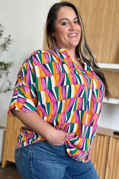 Double Take Full Size Geometric Notched Dolman Sleeve Top - Selvanelle
