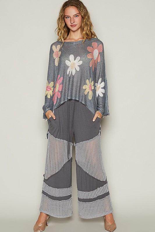 POL Flower Dropped Shoulder Long Sleeve Knit Top for Women - Selvanelle