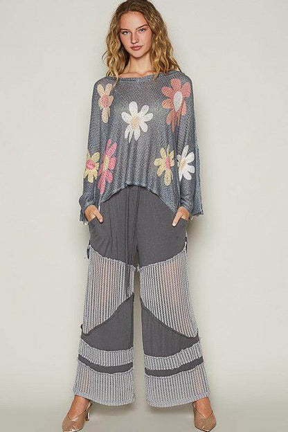 POL Flower Dropped Shoulder Long Sleeve Knit Top for Women - Selvanelle