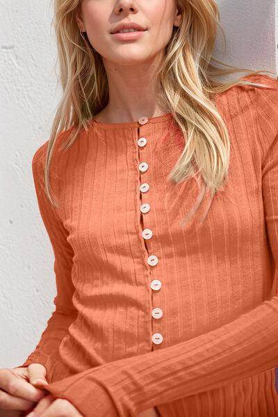 Basic Bae Texture Button Up Round Neck Long Sleeve Top - Selvanelle
