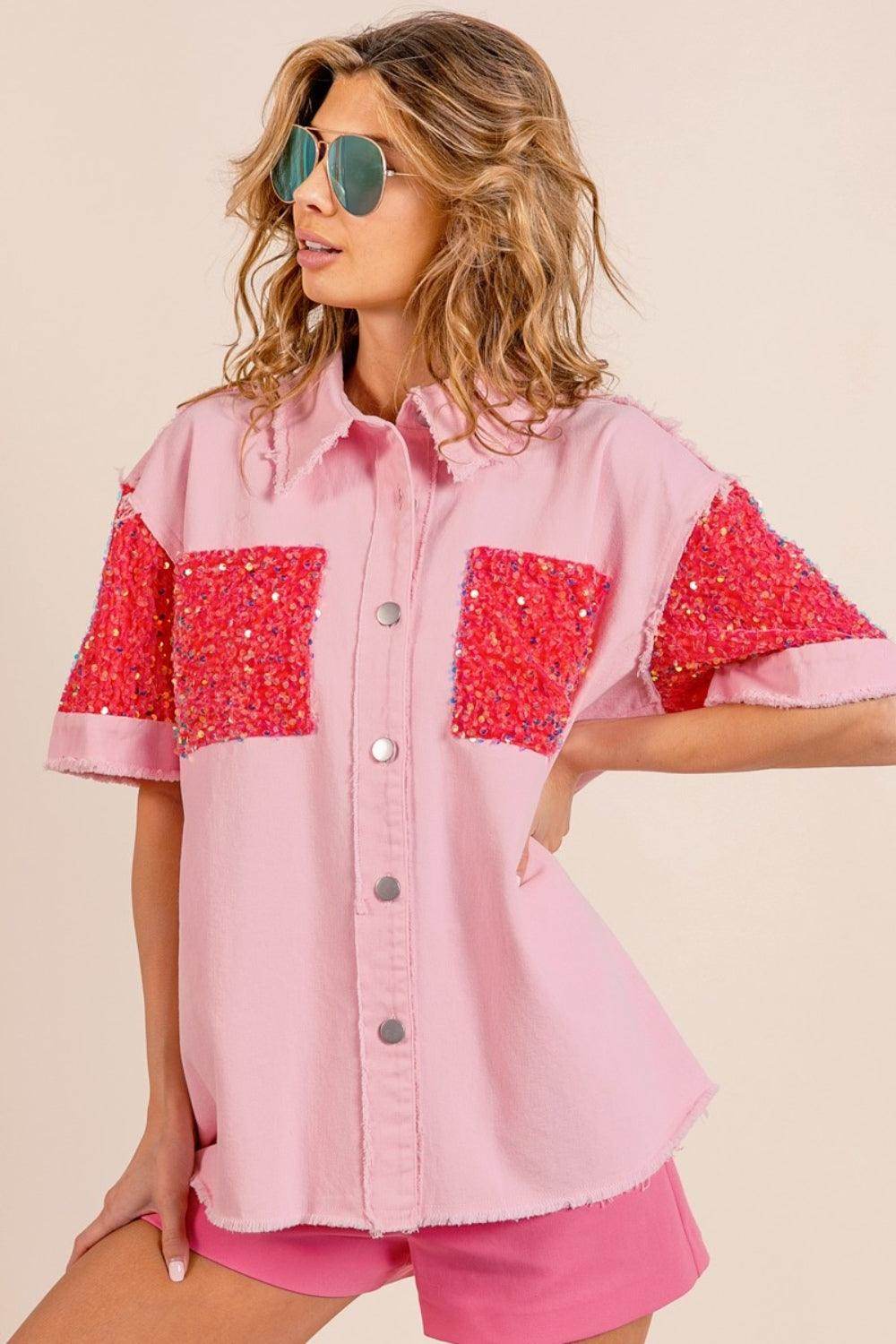 BiBi Sequin Detail Raw Hem Short Sleeve Shirt Glamorous - Selvanelle