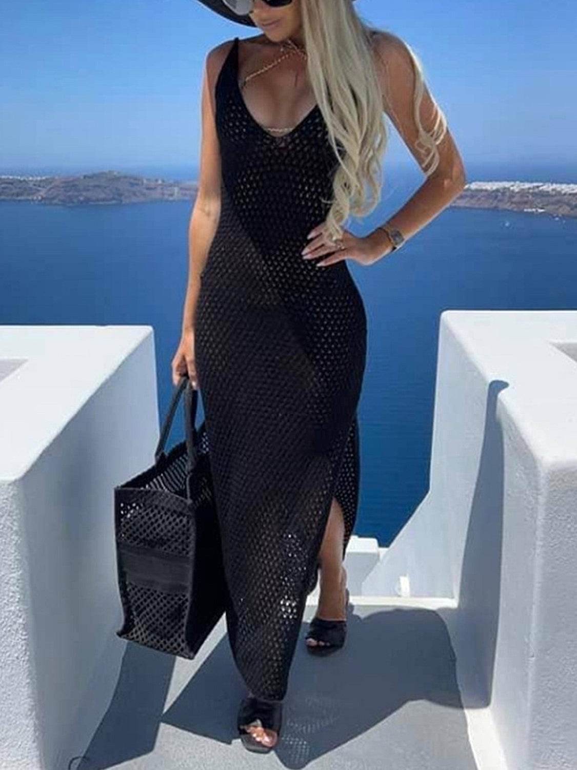Slit Openwork V-Neck Sleeveless Cover Up - Selvanelle