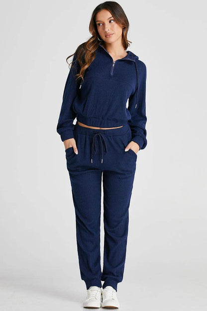 Drawstring Half Zip Hoodie and Joggers Active Set for Women - Selvanelle