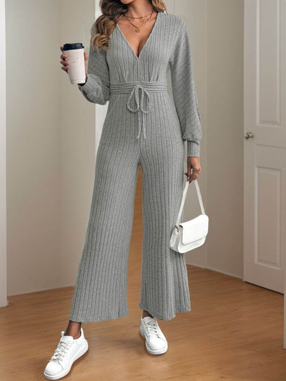 V-Neck Long Sleeve Wide Leg Jumpsuit - Selvanelle