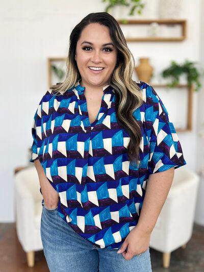 Double Take Full Size Geometric Notched Half Sleeve Blouse - Selvanelle