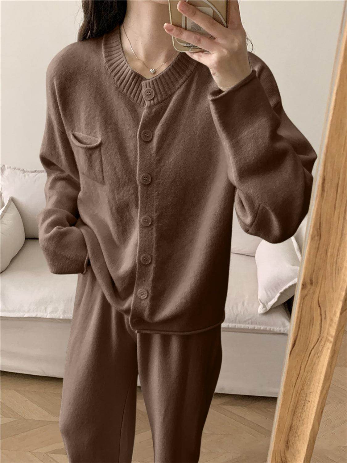 Pocketed Round Neck Button Up Cardigan and Pants Sweater Set - Selvanelle