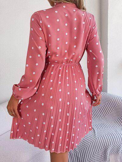 Polka Dot Tie Neck Pleated Dress for Stylish Occasions - Selvanelle
