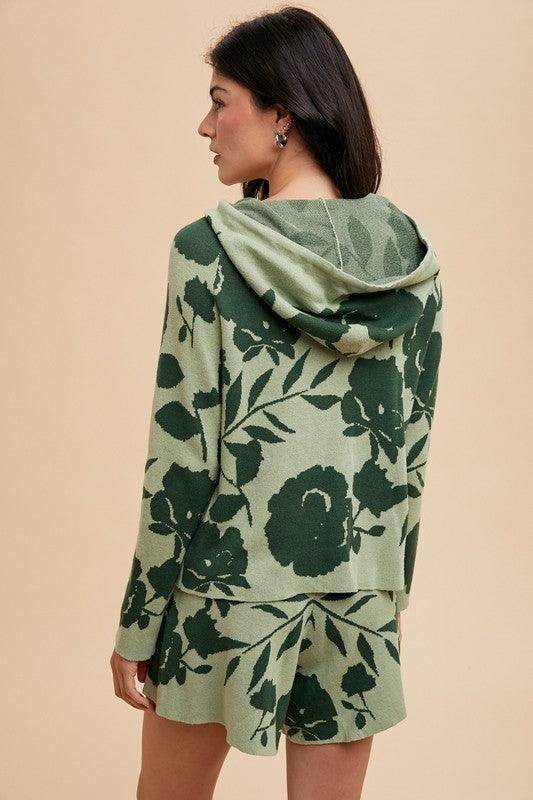 Annie Wear Flower Pattern Drawstring Hooded Top and Shorts Set - Selvanelle