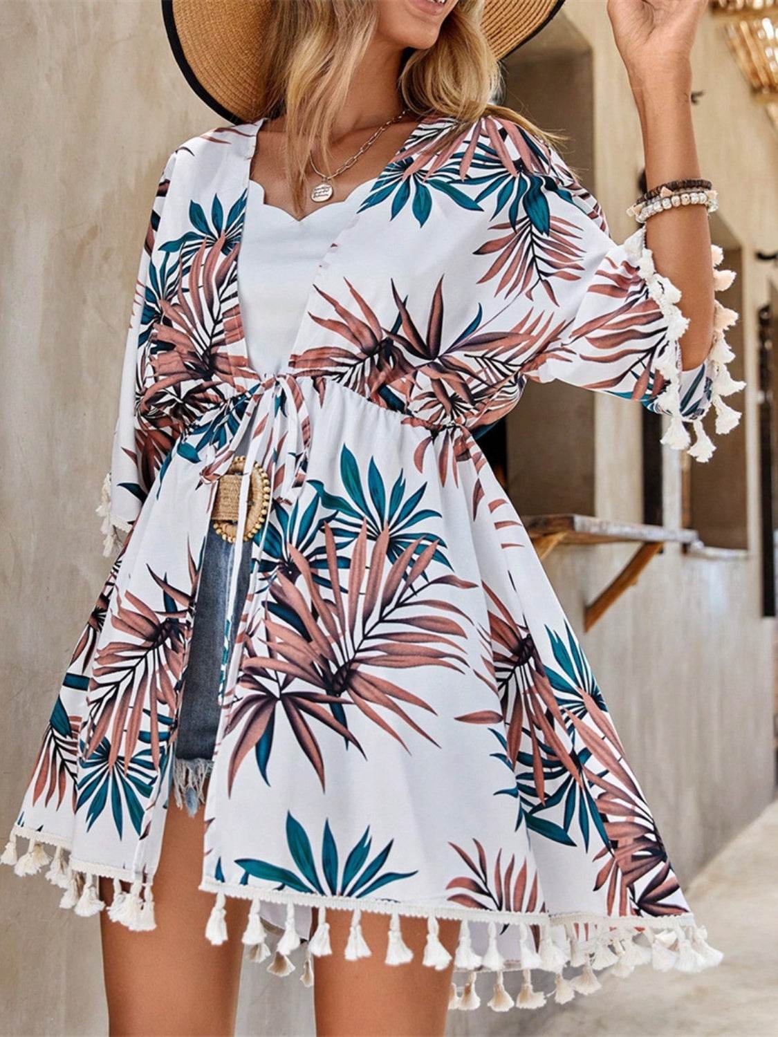 Tassel Tied Printed Half Sleeve Cover Up - Selvanelle