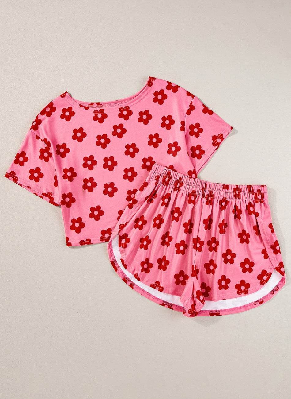 Floral Cropped Tee and Shorts Lounge Set - Selvanelle