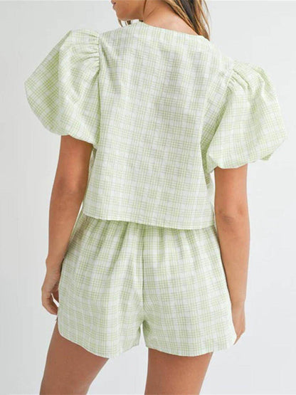 V-Neck Puff Sleeve Top and Shorts Set for Women Fashion - Selvanelle