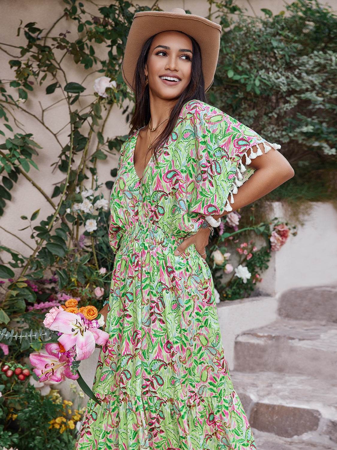 Smocked Floral V-Neck Short Sleeve Dress - Selvanelle