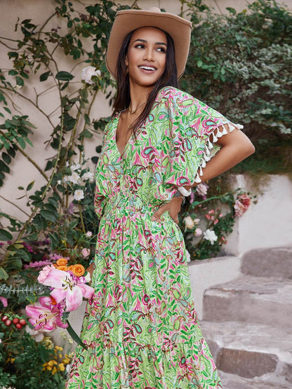 Smocked Floral V-Neck Short Sleeve Dress - Selvanelle
