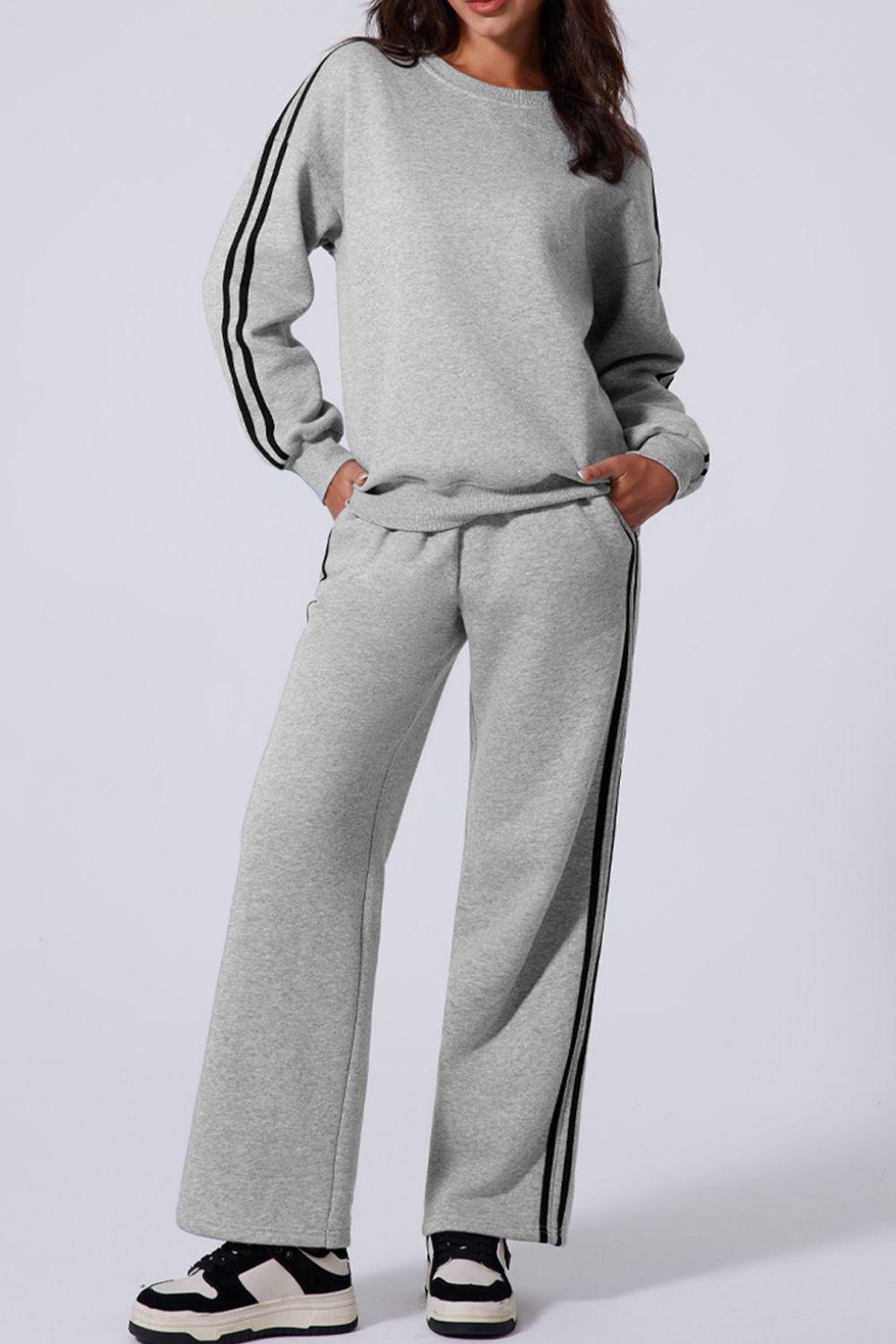 Side Striped Round Neck Top and Pants Active Set for Women