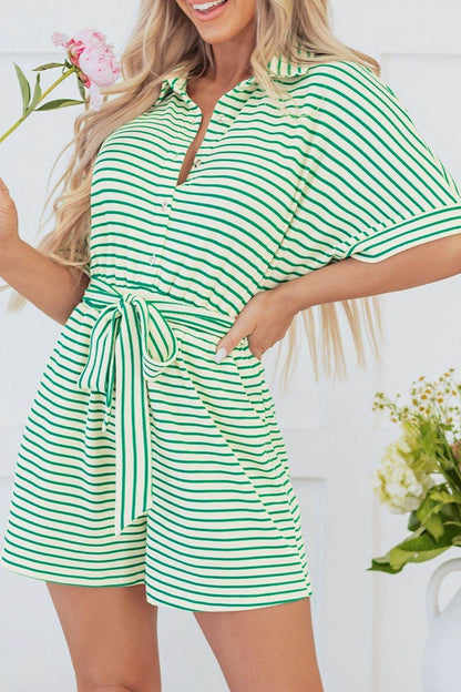 Striped Half Sleeve Tie Waist Romper - Selvanelle