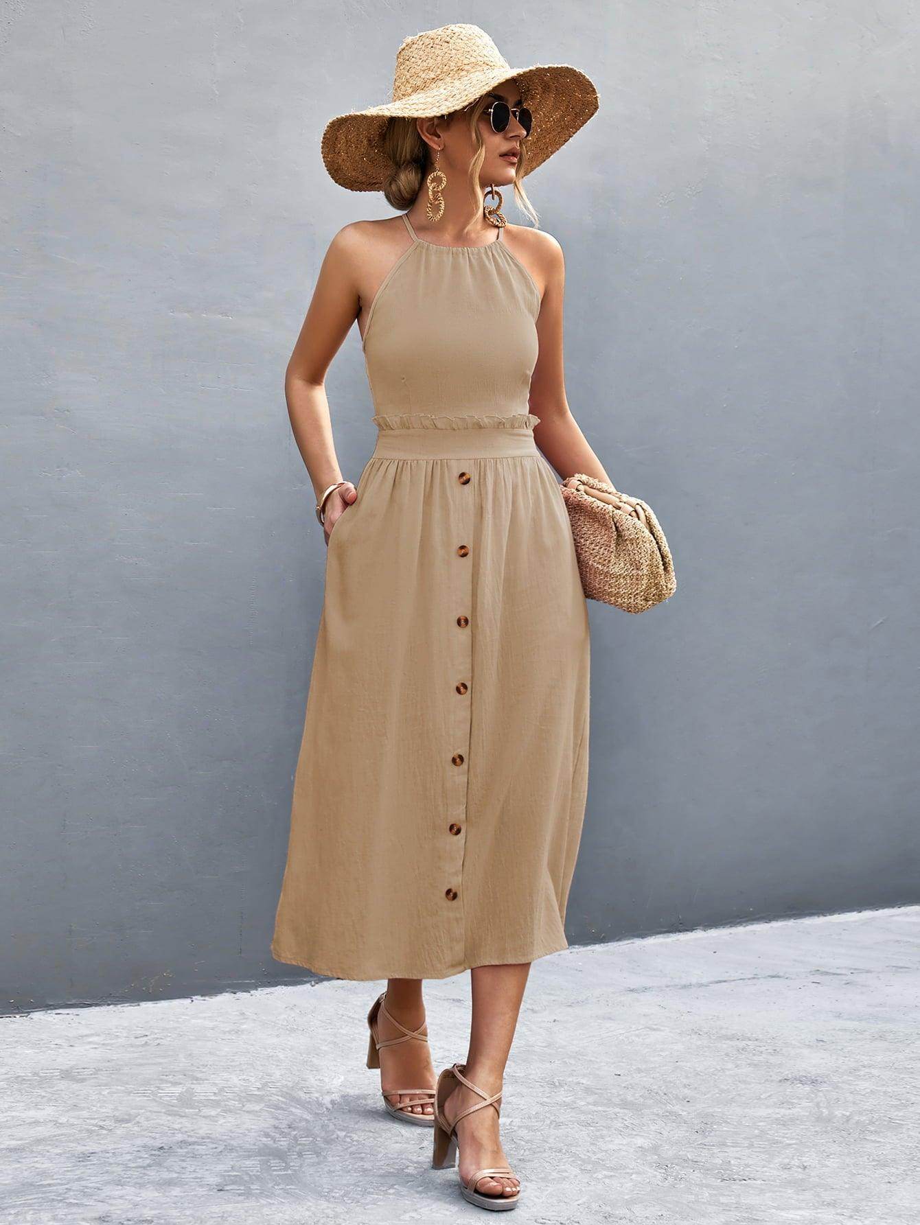 Buttoned Halter Neck Frill Trim Midi Dress for Chic Style - Selvanelle