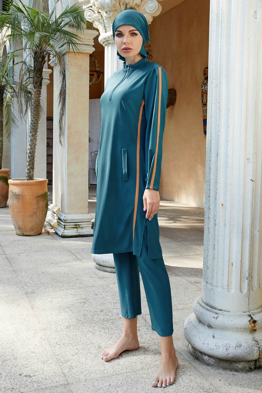 Cap, Quarter Zip Top and Pants Swim Set - Selvanelle
