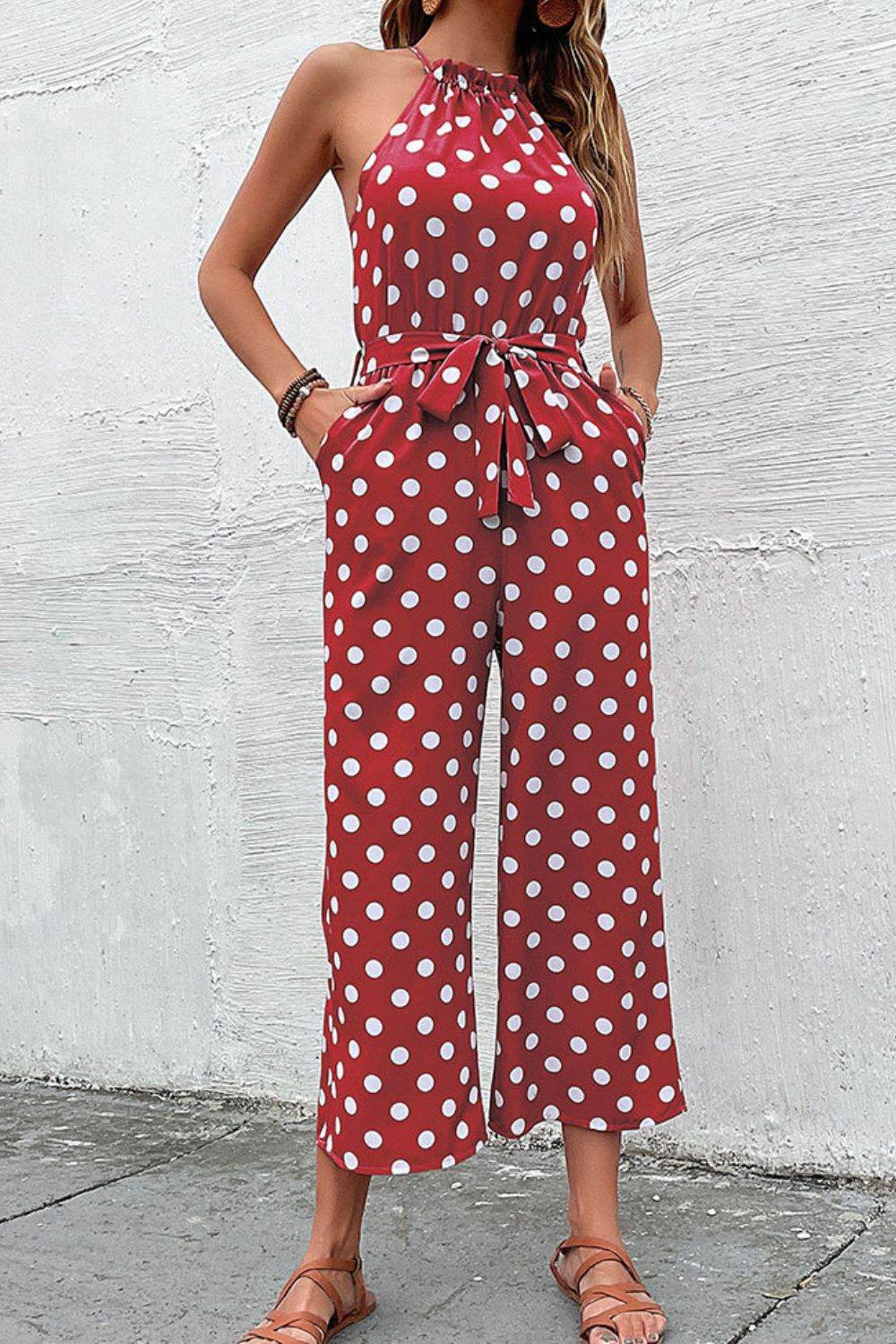 Perfee Polka Dot Grecian Wide Leg Jumpsuit - Selvanelle
