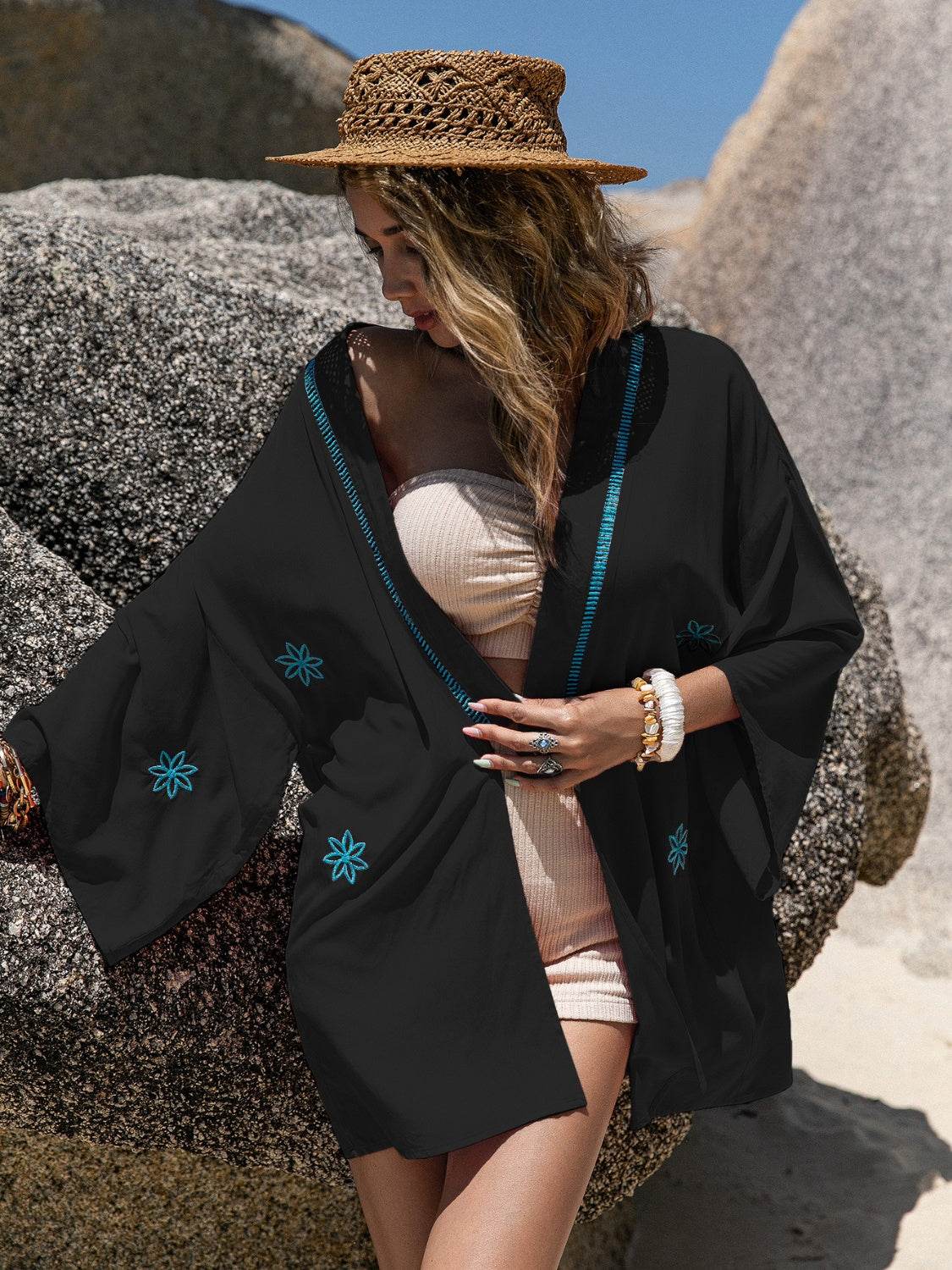 Embroidered Open Front Long Sleeve Cover Up - Selvanelle