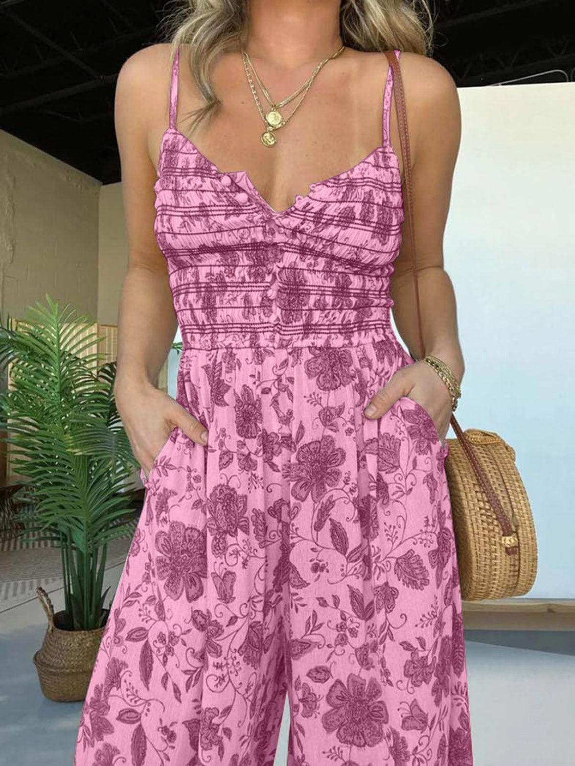 Full Size Printed Spaghetti Strap Wide Leg Jumpsuit for Women - Selvanelle