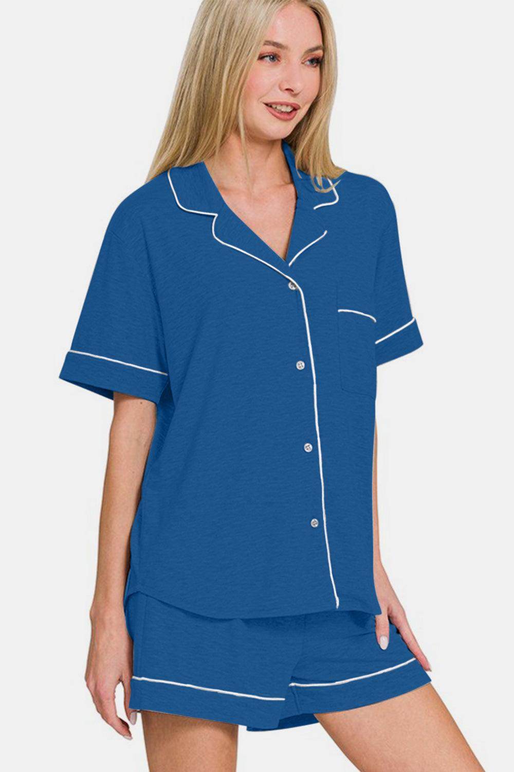 Zenana Button Down Short Sleeve Top and Shorts Lounge Set - Selvanelle
