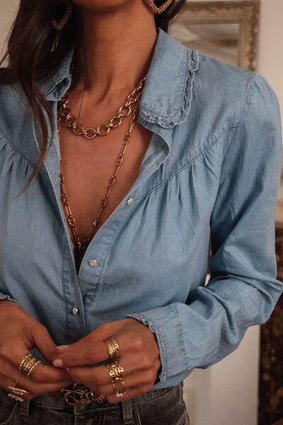 Button Up Long Sleeve Denim Top for Stylish Comfort - Selvanelle